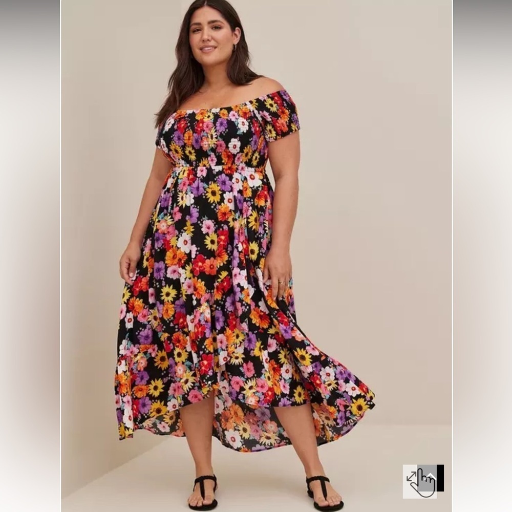 Torrid Maxi Challis Off-Shoulder Dress bright color flower smocked top 14/16 (1) - Picture 1 of 10